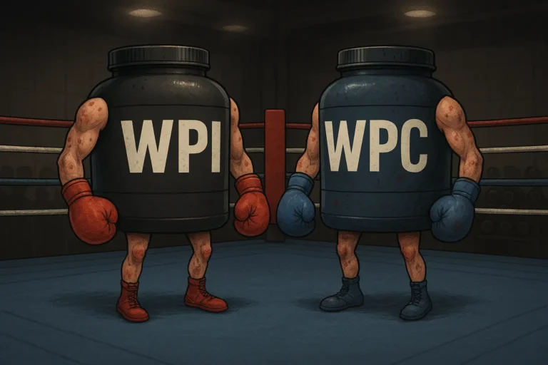 Whey isolate vs concentrate comparison with protein scoops and shaker bottle
